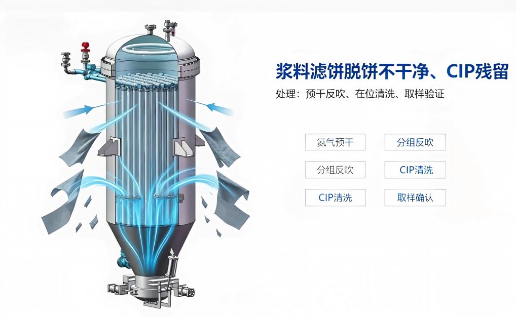 烛式过滤器在锂电行业过滤中的常见问题：滤布堵塞、压差偏高、滤液跑浑、滤饼脱除困难、金属杂质管控、密封渗漏